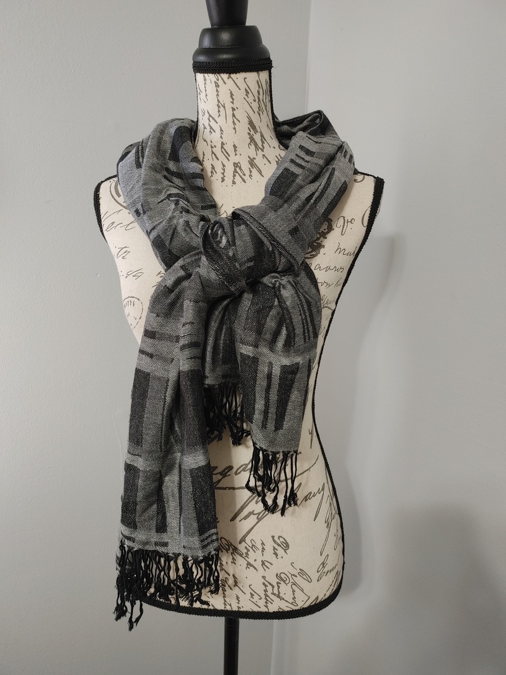 Classic Gray & Black Plaid Fringe Scarf - Women